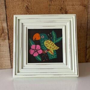 Framed Tropical Bird Kuna Folk Art Textile Molita Embroidery